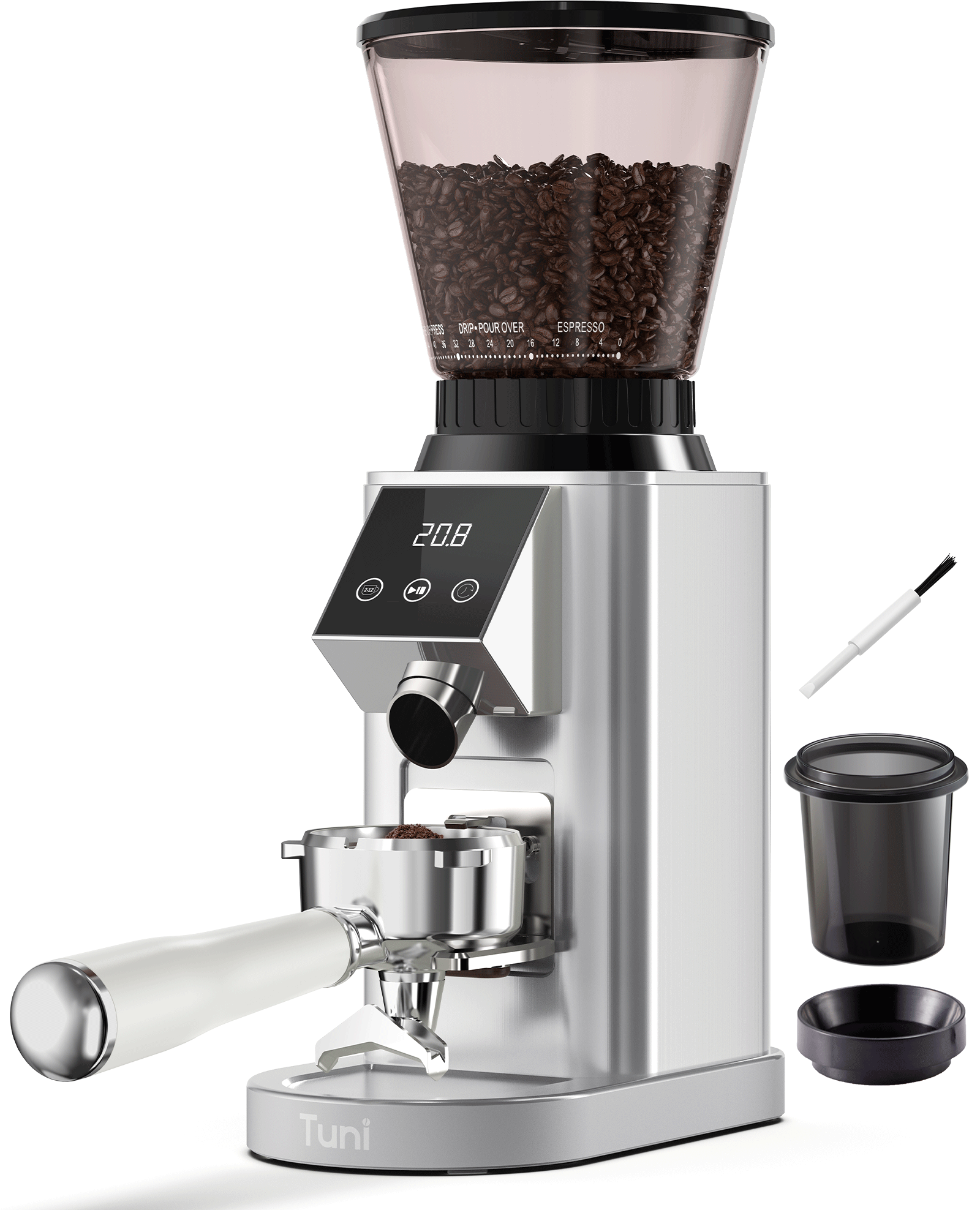 A silver TUNI conical burr coffee grinder with a digital and touch display, and a selection of coffee grounds and beans next to it.