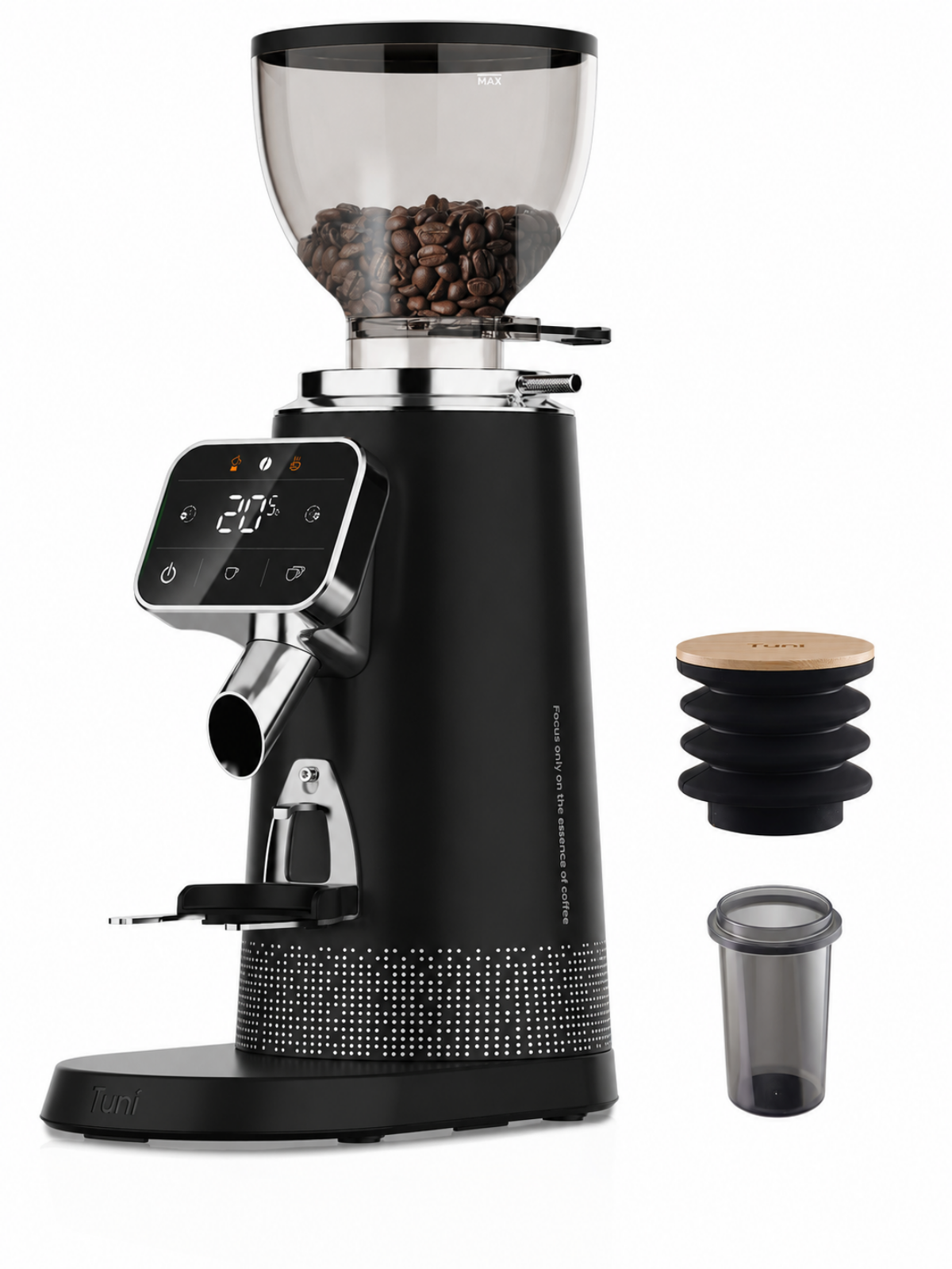 Black coffee grinder with digital display and attachments on a white background