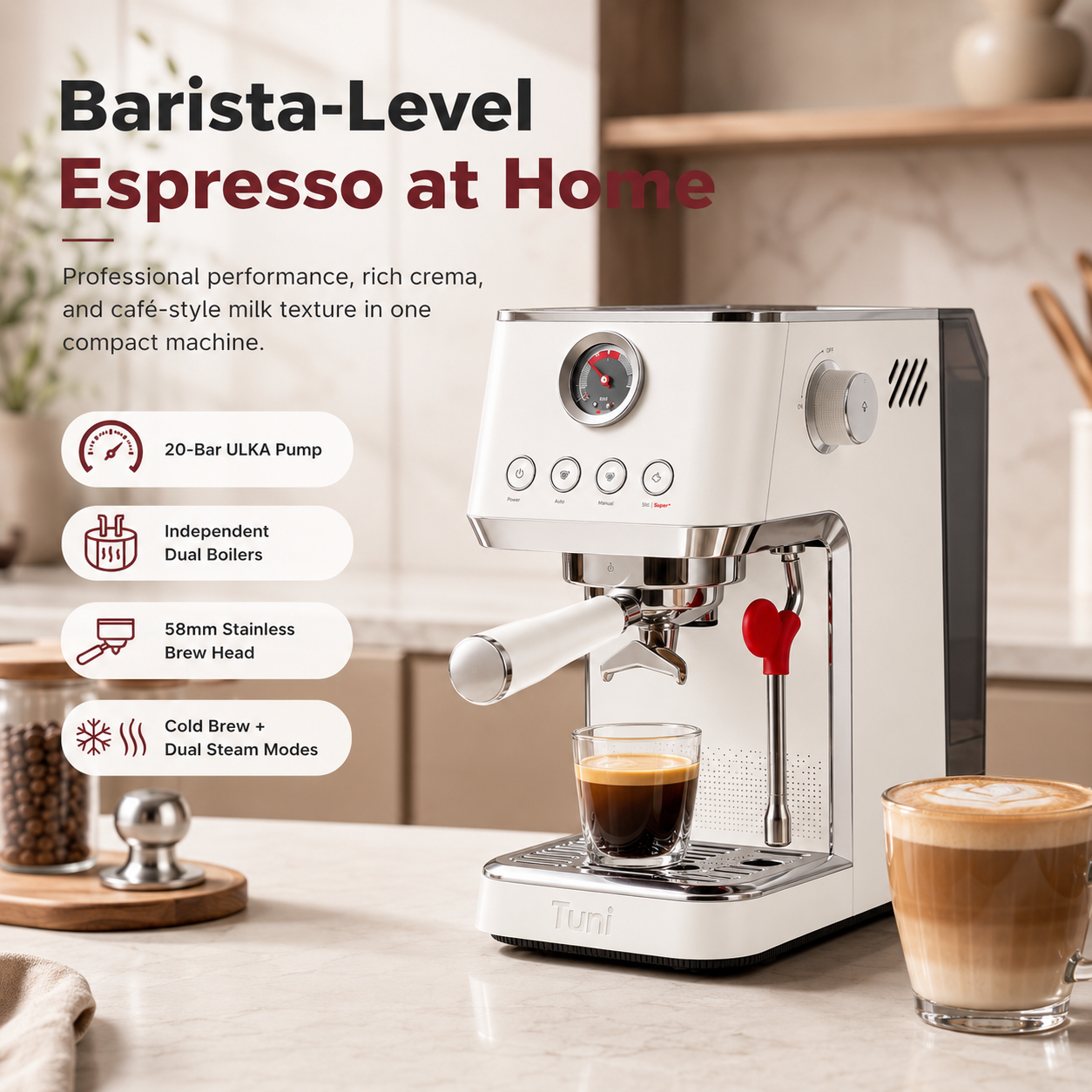 Tuni E2 Gen2 Espresso Machine with Super+ Steam Power, PID NTC System, Dual Boiler 20 Bar Espresso Coffee Machine