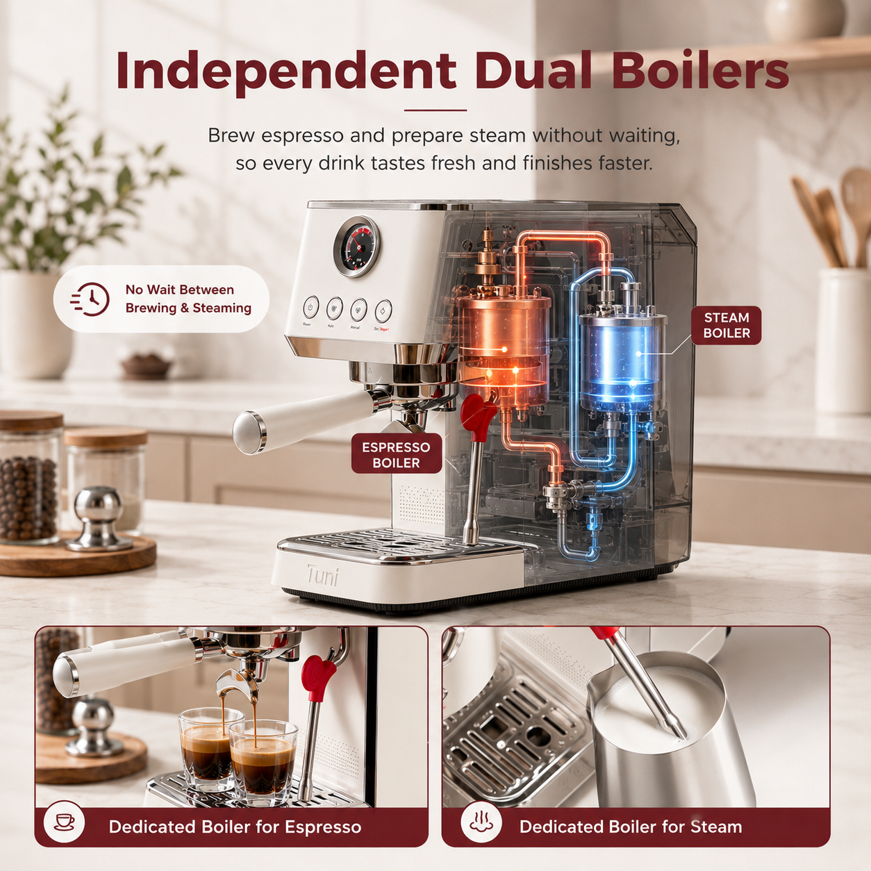 Tuni E2 Gen2 Espresso Machine with Super+ Steam Power, PID NTC System, Dual Boiler 20 Bar Espresso Coffee Machine