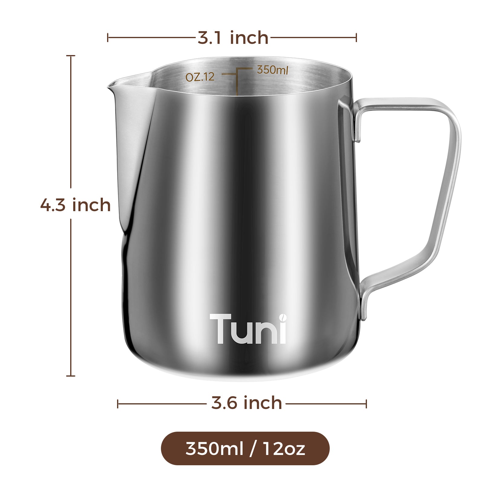 12oz/350ml Milk Frothing Pitcher Milk Jug Steaming Cup | Stainless Steel | Tuni
