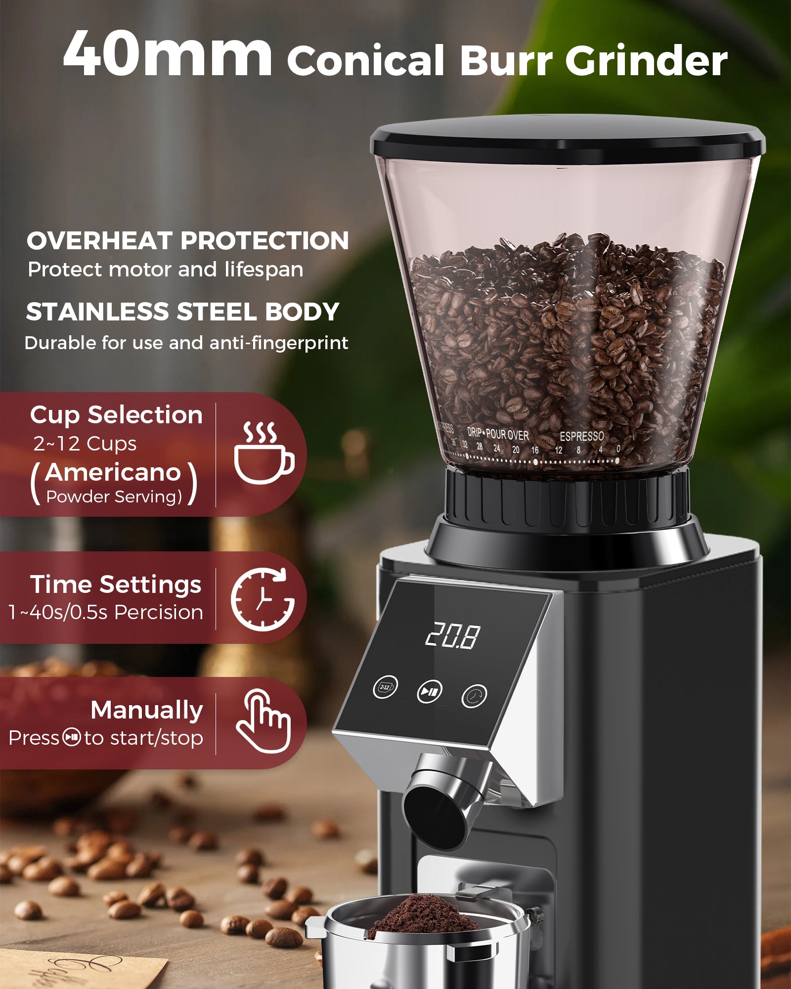 Pre Sales! 48Grinding Setting Conical Burr Espresso Grinder| TUNI Noir