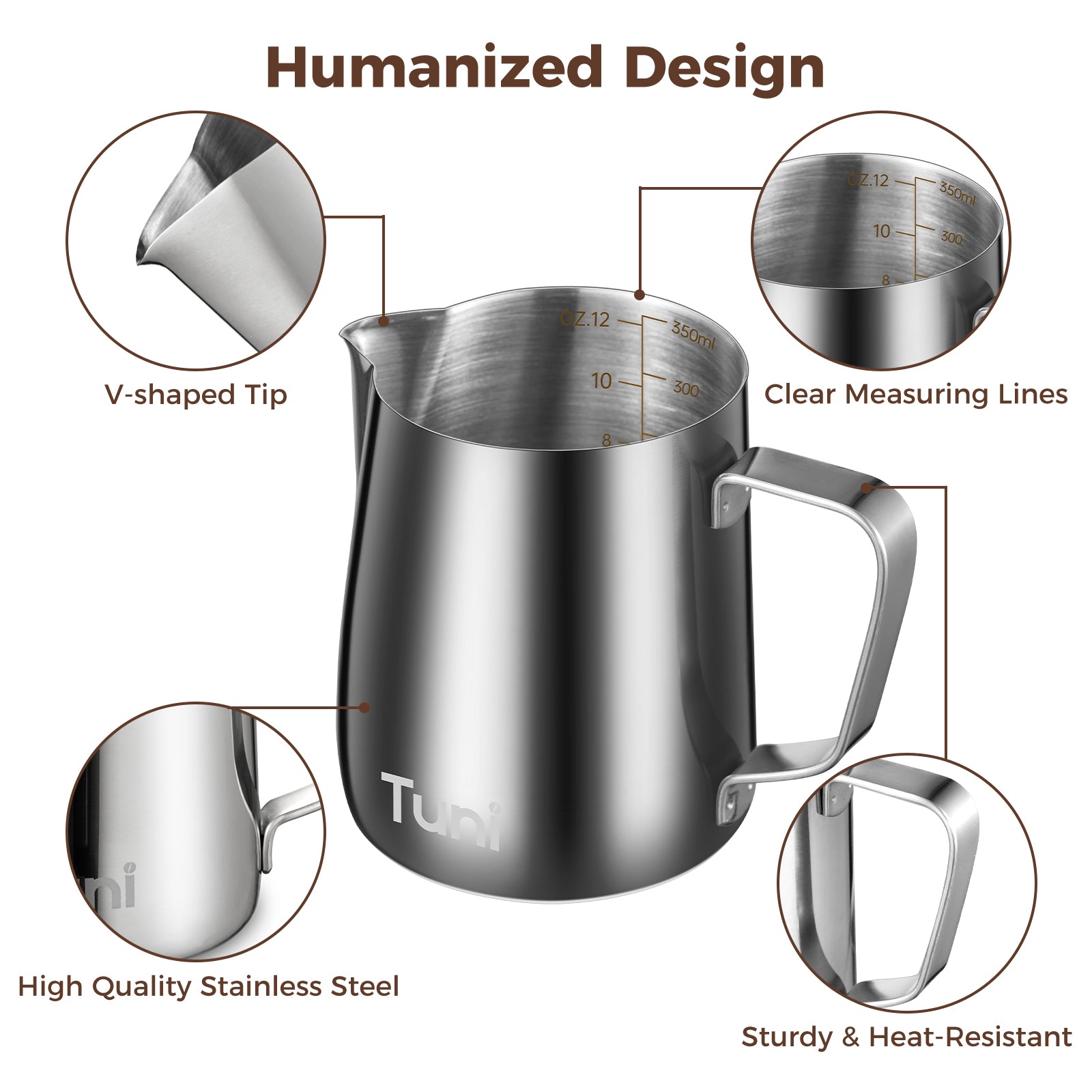 12oz/350ml Milk Frothing Pitcher Milk Jug Steaming Cup | Stainless Steel | Tuni