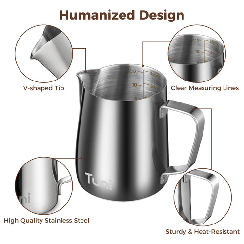 12oz/350ml Milk Frothing Pitcher Milk Jug Steaming Cup | Stainless Steel | Tuni