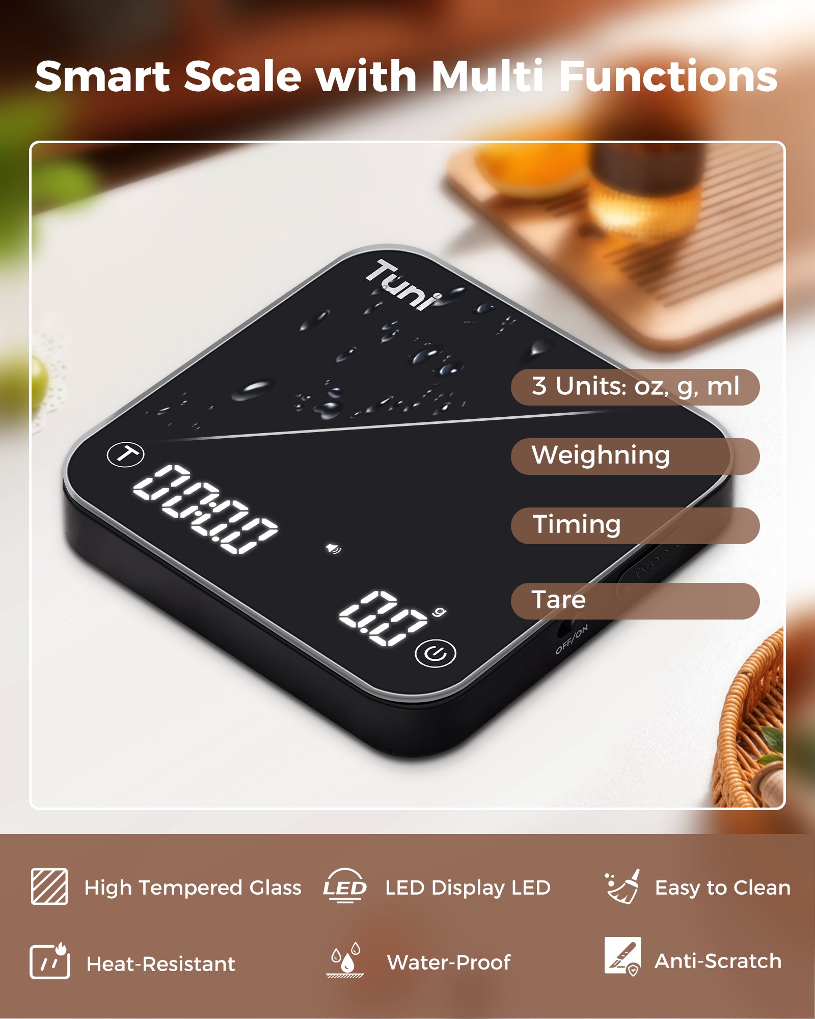 Digital Espresso Coffee Scale with Timer, Rechargeable | Tuni