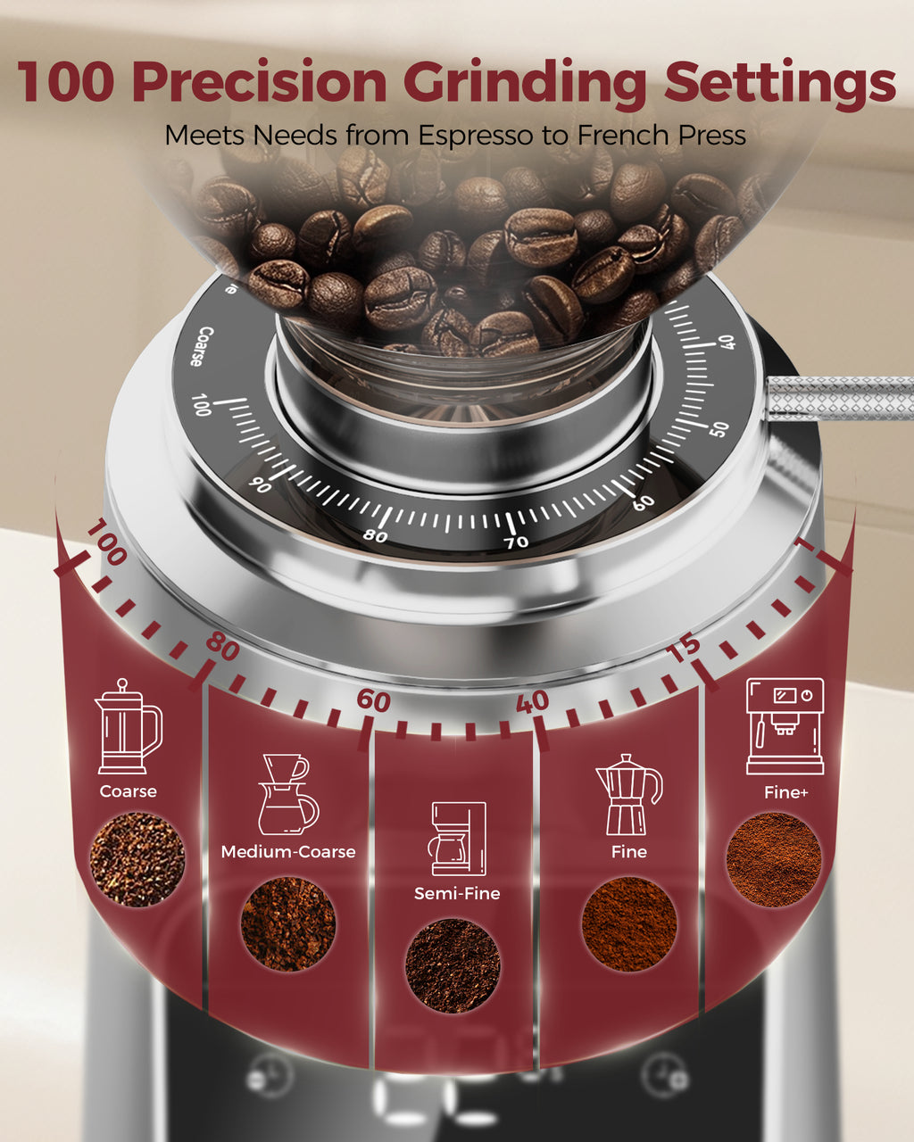 Flat Burr Grinder, 64mm Espresso Grinder 100 Grinding Setting Coffee Grinder| TUNI G3 Sliver