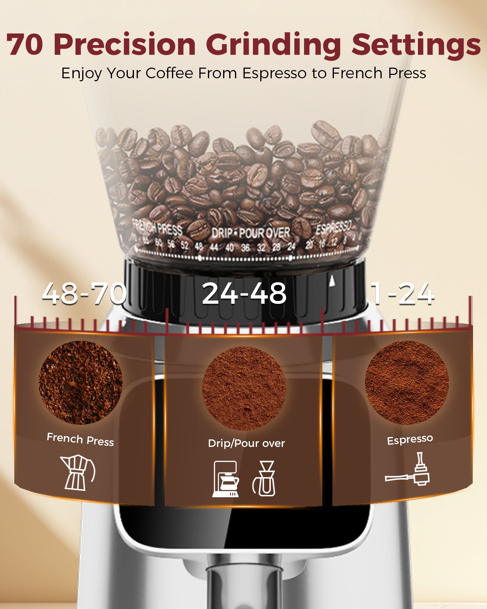 70 Grinding Setting Espresso Coffee Bean Grinder | TUNI G2 Sliver