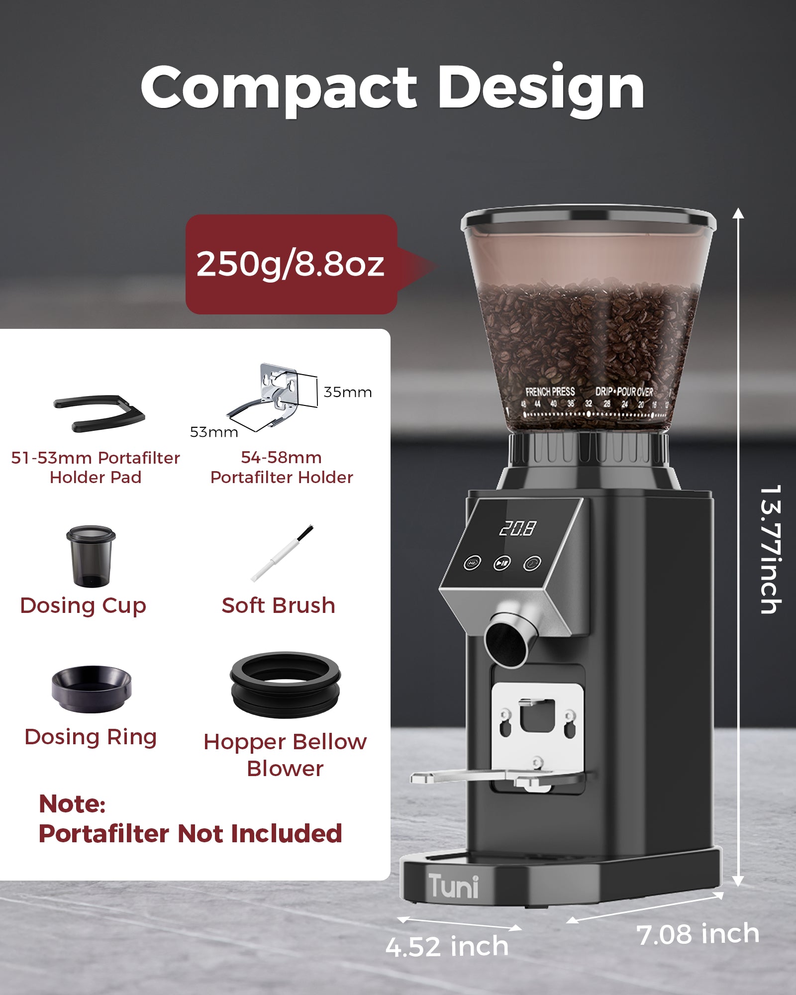 Pre Sales! 48Grinding Setting Conical Burr Espresso Grinder| TUNI Noir