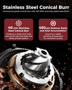 40mm Conical Burr Grinder, 48 Grinding Setting Espresso Grinder| Tuni G1 Sliver