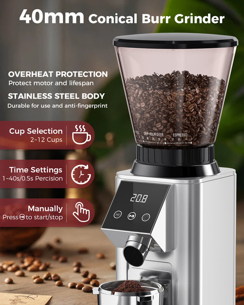 40mm Conical Burr Grinder, 48 Grinding Setting Espresso Grinder| Tuni G1 Sliver