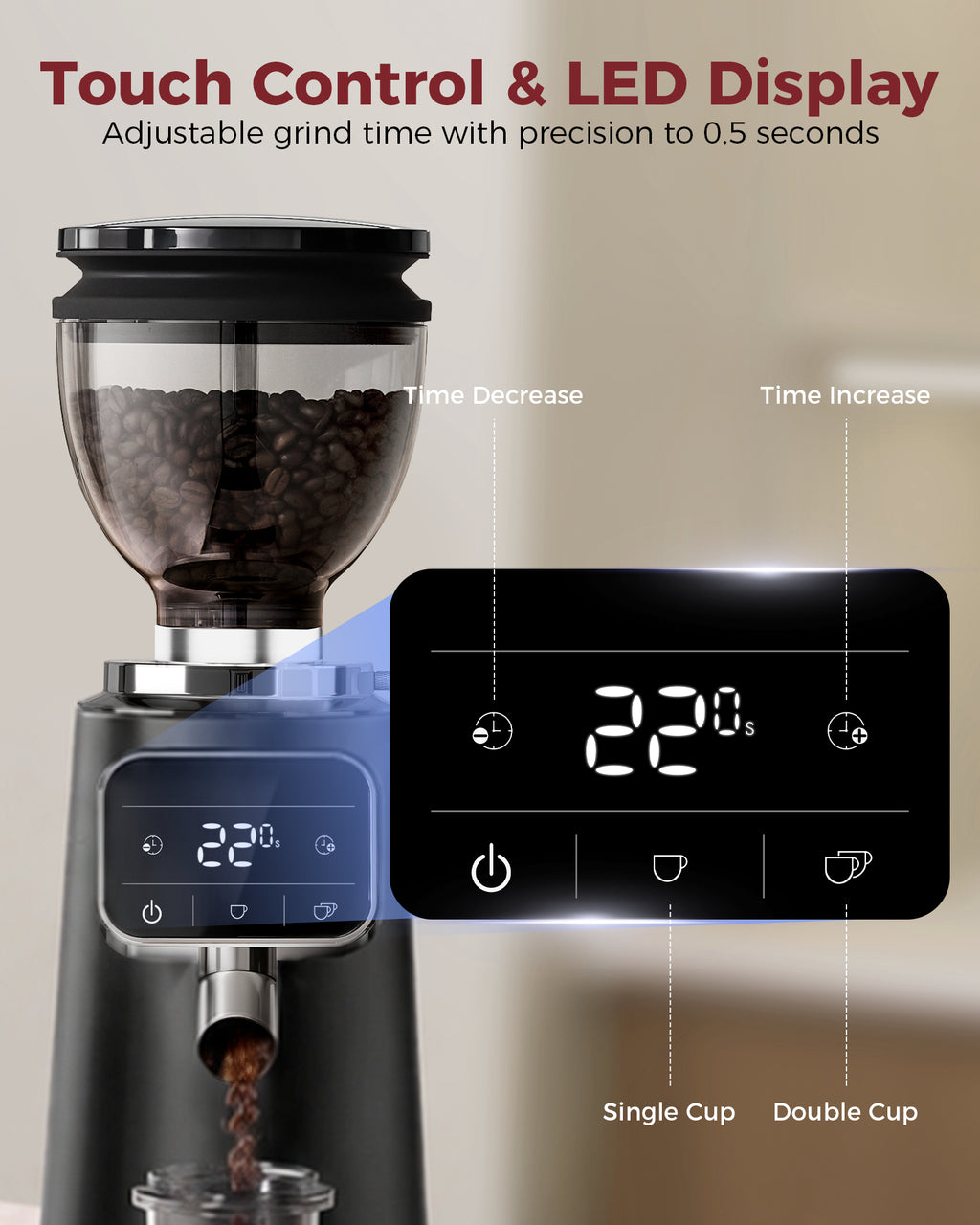 64mm Flat Burr Grinder, 100 Adjustable Griding Setting Espresso Coffee Bean Grinder | TUNI G3 Black