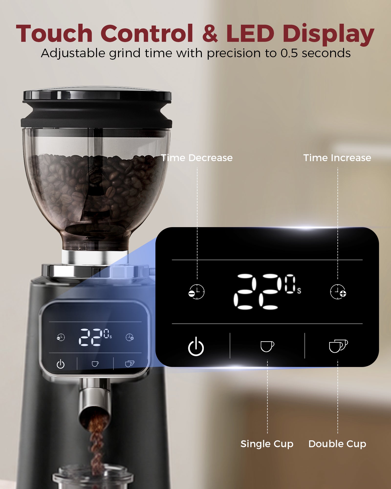 64mm Flat Burr Grinder, 100 Adjustable Griding Setting Espresso Coffee Bean Grinder | TUNI G3 Black