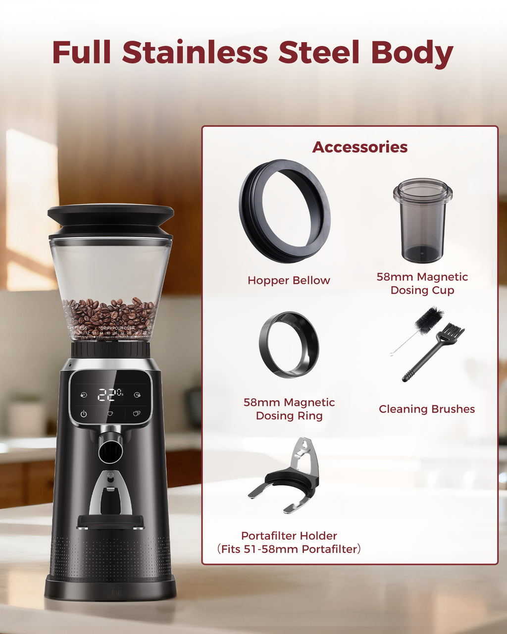 70 Grinding Setting 40mm Conical Burr Grinder Espresso Coffee Bean Grinder | TUNI G2 Black