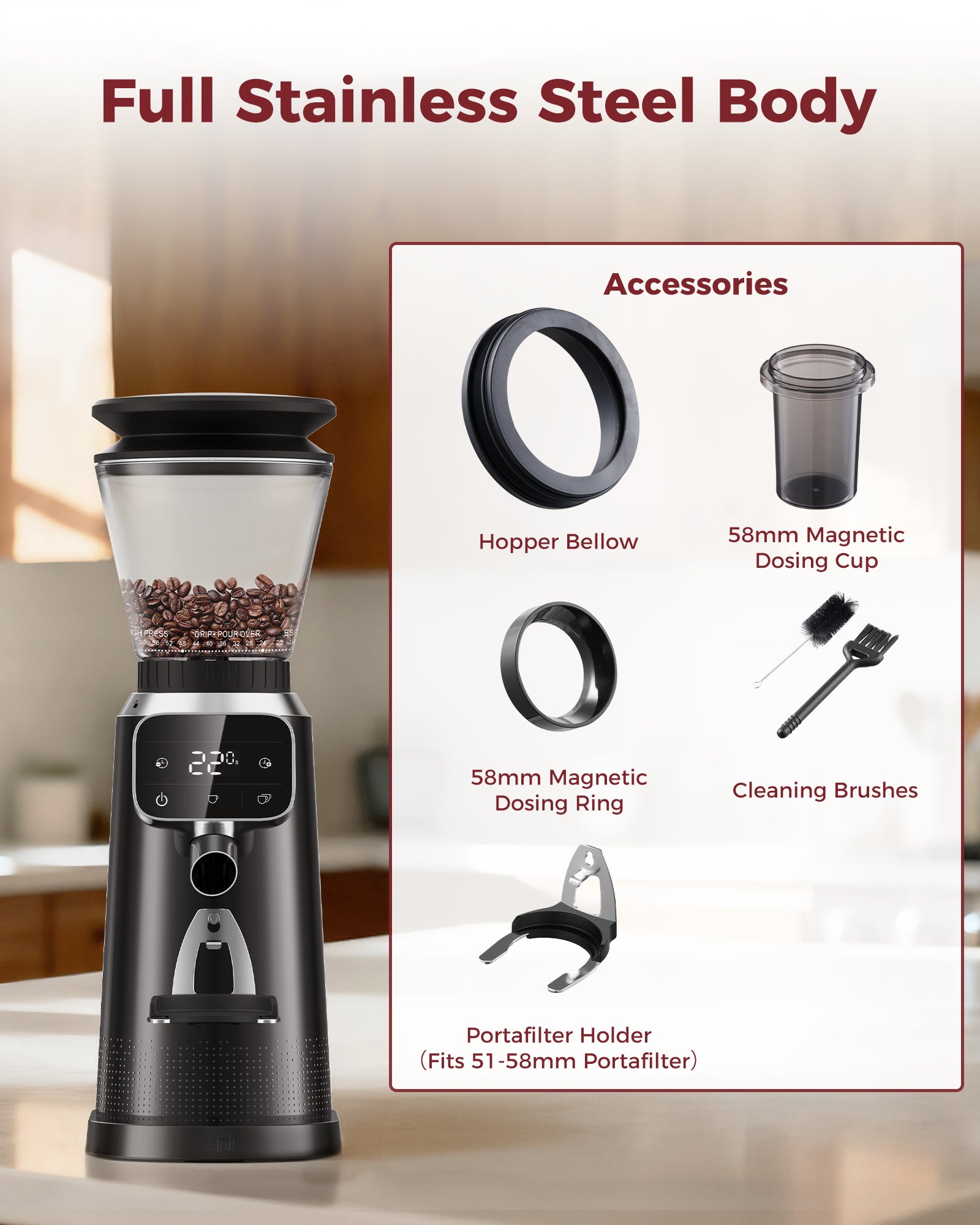 70 Grinding Setting 40mm Conical Burr Grinder Espresso Coffee Bean Grinder | TUNI G2 Black