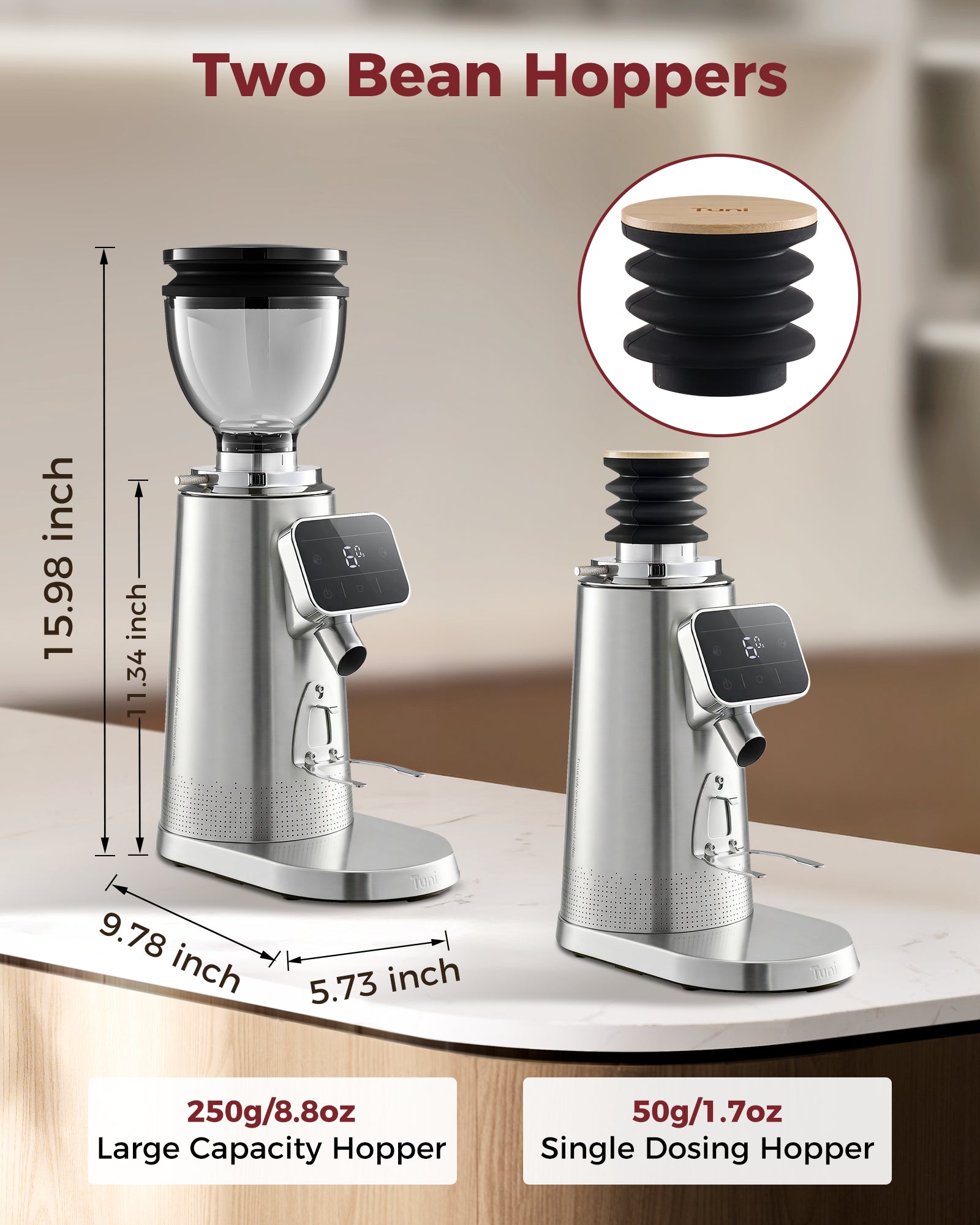 Flat Burr Grinder, 64mm Espresso Grinder 100 Grinding Setting Coffee Grinder| TUNI G3 Sliver