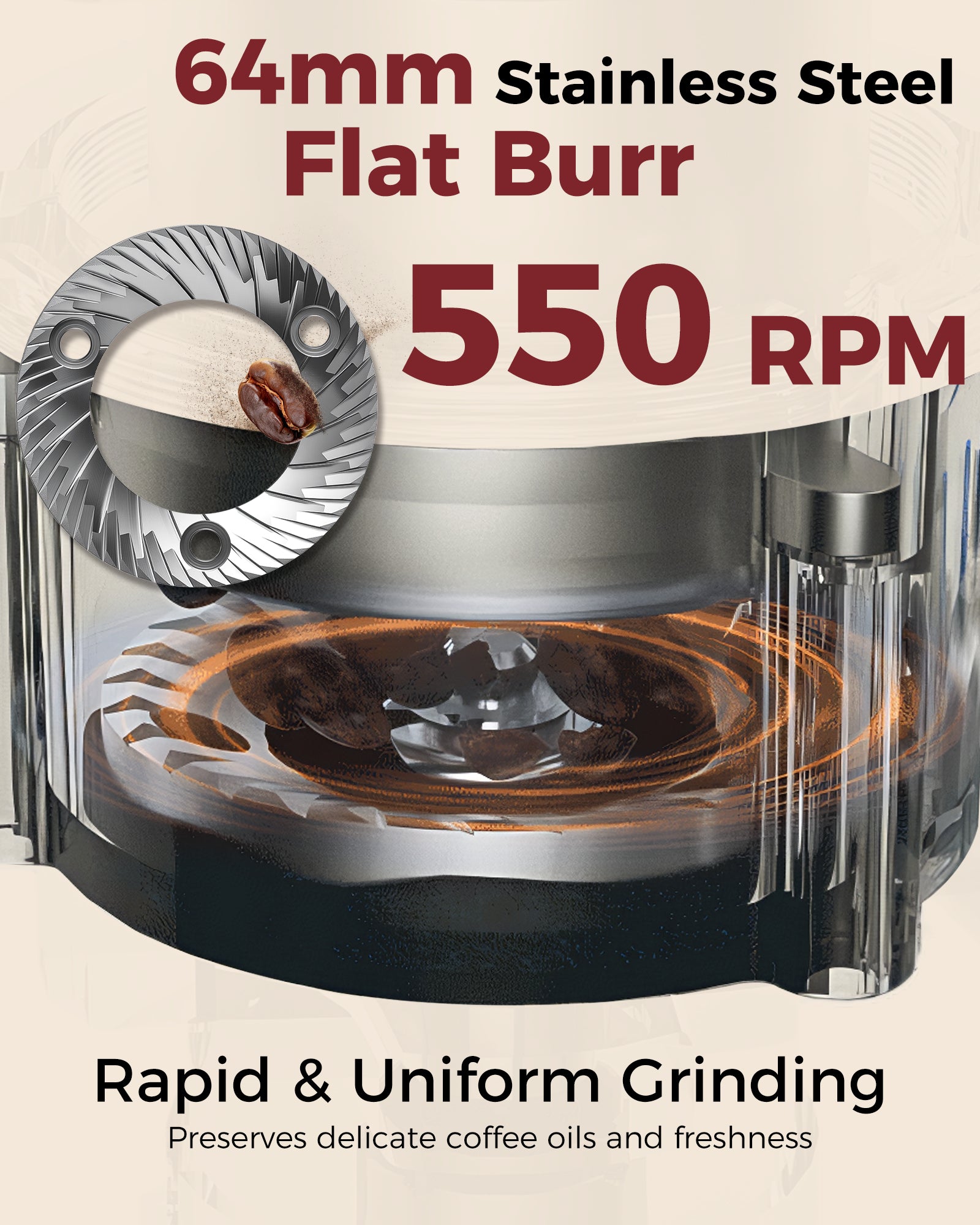 Flat Burr Grinder, 64mm Espresso Grinder 100 Grinding Setting Coffee Grinder| TUNI G3