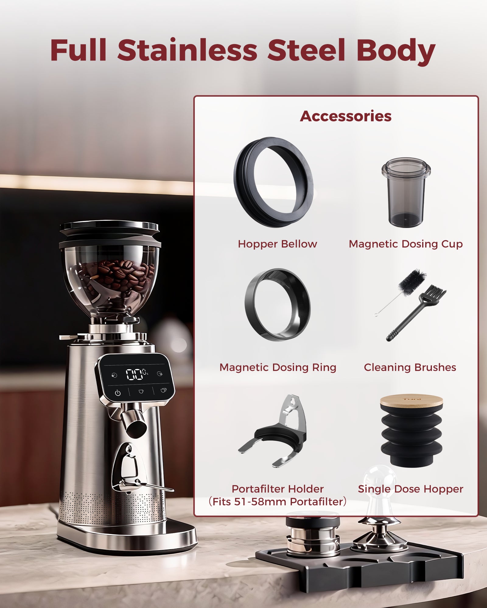 Flat Burr Grinder, 64mm Espresso Grinder 100 Grinding Setting Coffee Grinder| TUNI G3 Sliver