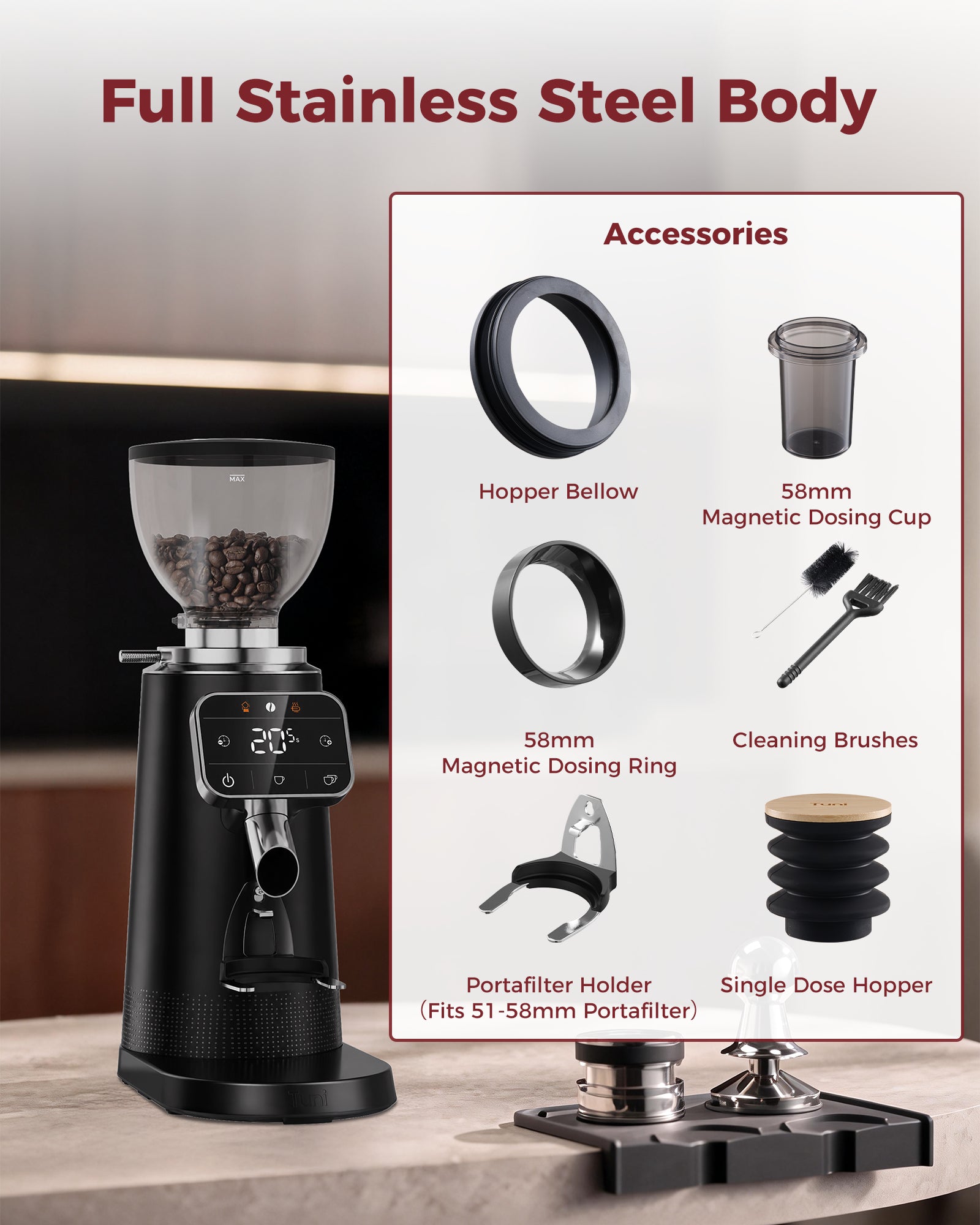 64mm Flat Burr Grinder, 100 Adjustable Griding Setting Espresso Coffee Bean Grinder | TUNI G3 Black