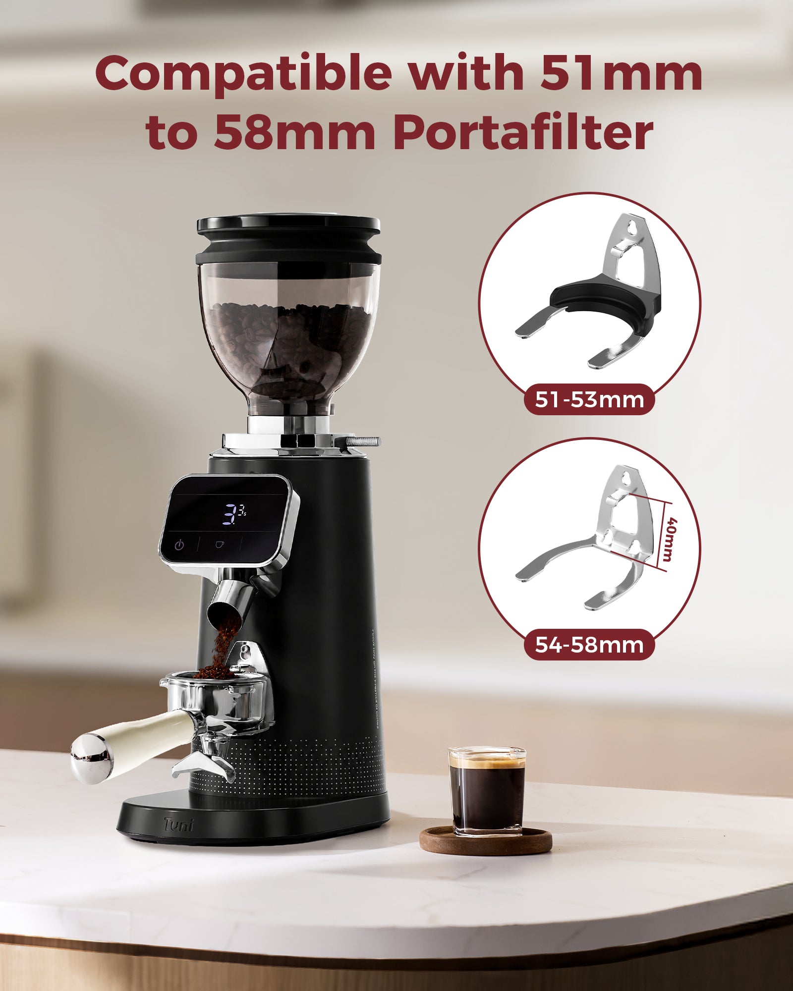 64mm Flat Burr Grinder, 100 Adjustable Griding Setting Espresso Coffee Bean Grinder | TUNI G3 Black