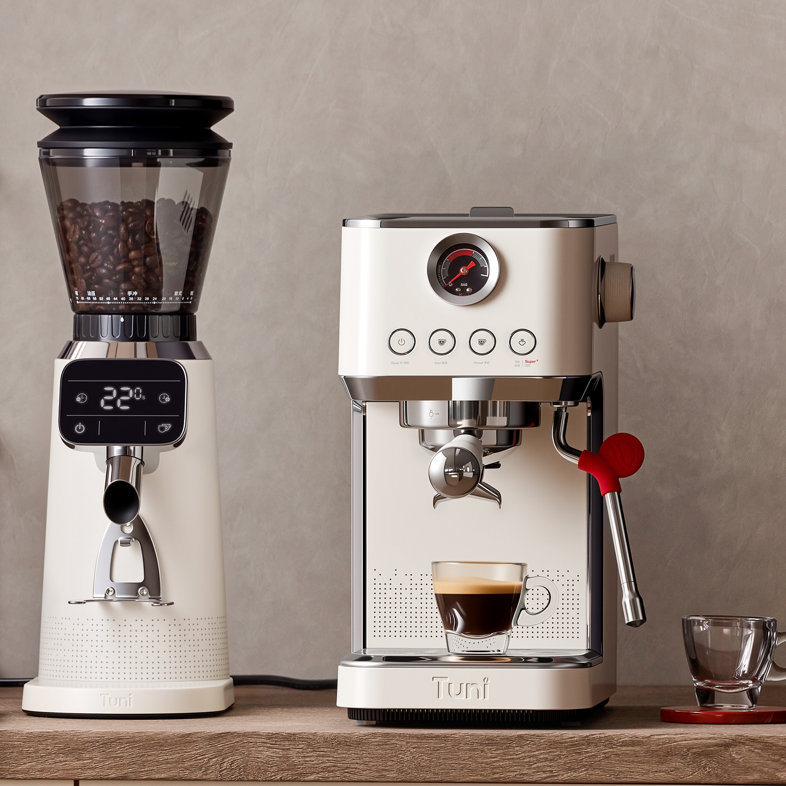 E2 Gen3 Espresso Machine with G2 40mm Conical Burr Grinder | TUNI E2+G2 Ivory