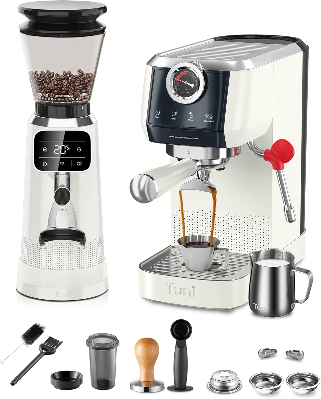 E2 Espresso Machine with G2 40mm Conical Burr Grinder | TUNI E2+G2 Ivory