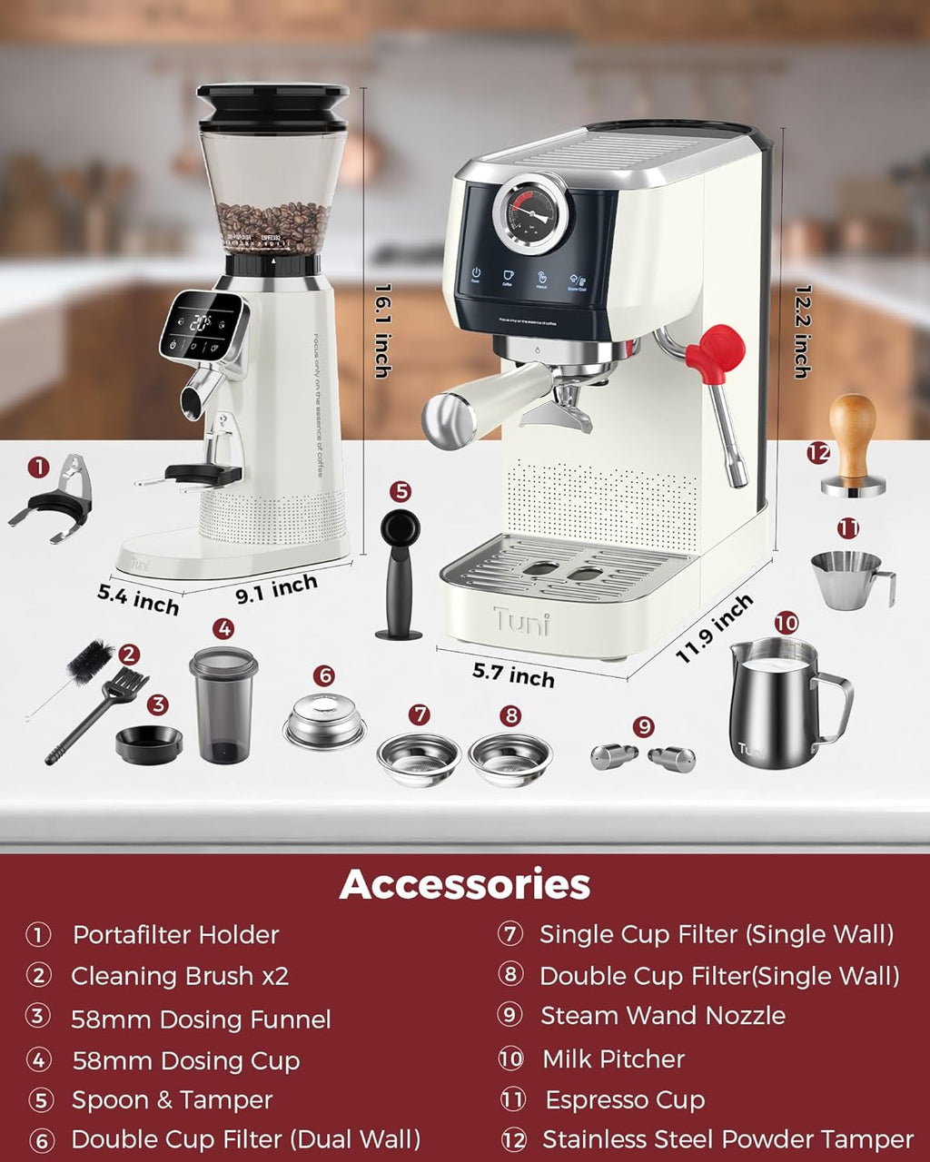 E2 Espresso Machine with G2 40mm Conical Burr Grinder | TUNI E2+G2 Ivory