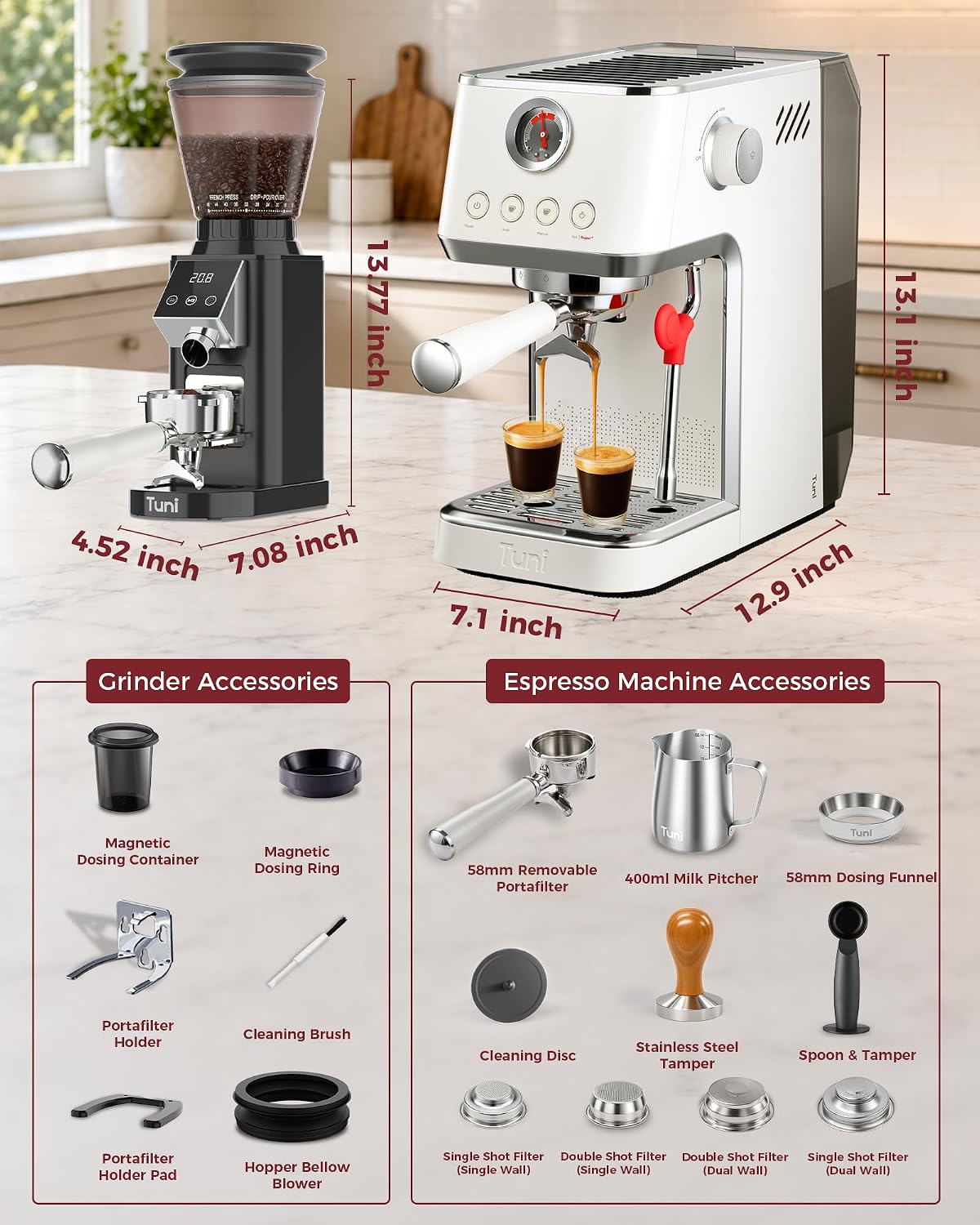 TUNI E2 Gen3 Starter Set(Black) - Espresso Machine with G1 Conical Burr Grinder