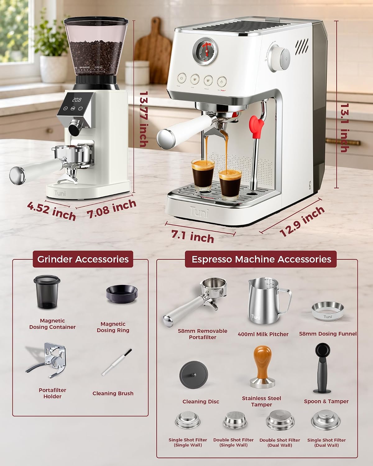 TUNI E2 Gen3 Starter Set(Ivory) - Espresso Machine with G1 Conical Burr Grinder