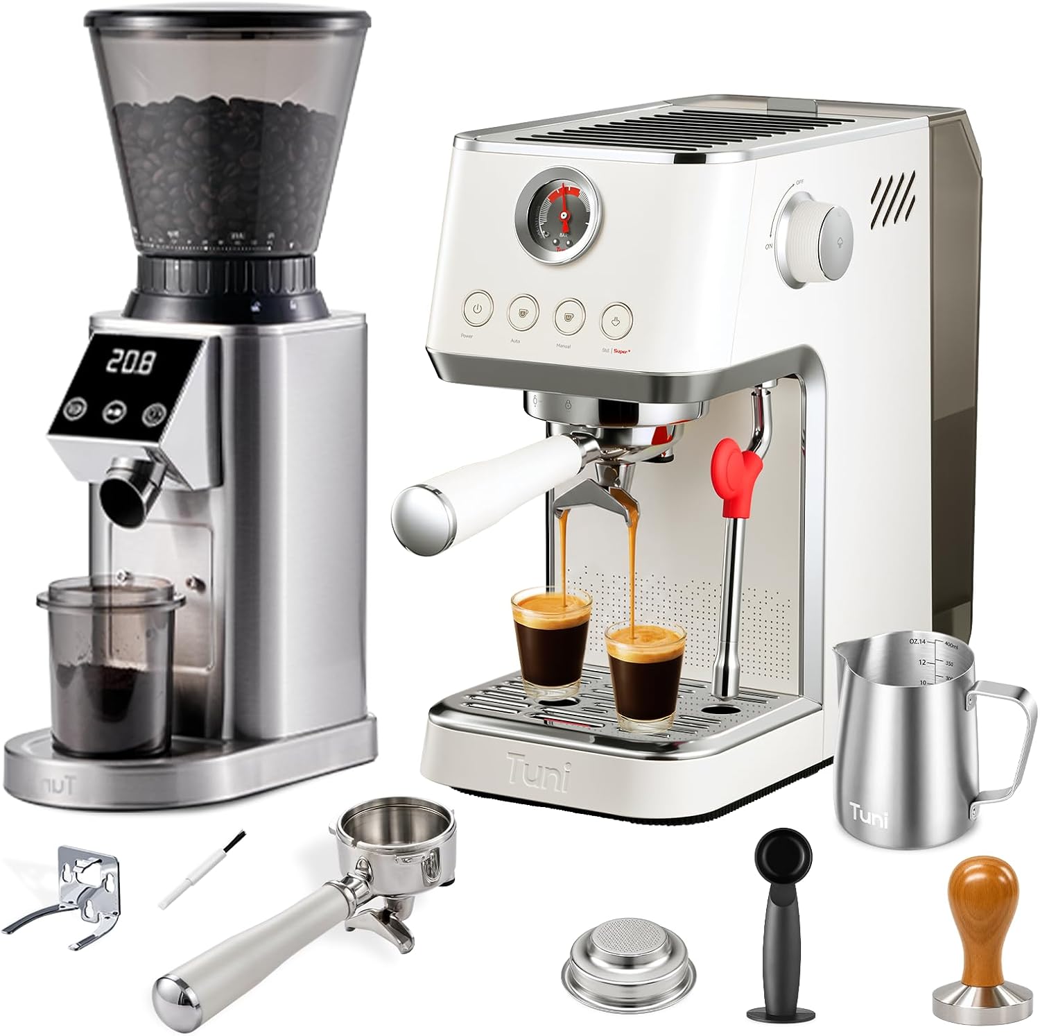 TUNI E2 Gen3 Starter Set(Silver) - Espresso Machine with G1 Conical Burr Grinder