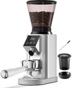 A silver TUNI conical burr coffee grinder with a digital and touch display, and a selection of coffee grounds and beans next to it.