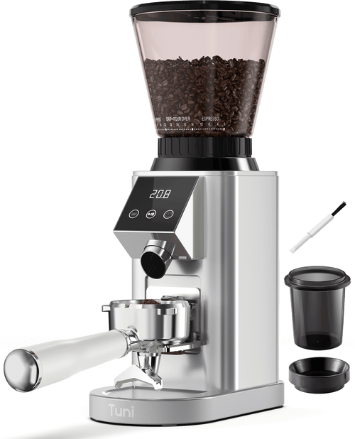 A silver TUNI conical burr coffee grinder with a digital and touch display, and a selection of coffee grounds and beans next to it.