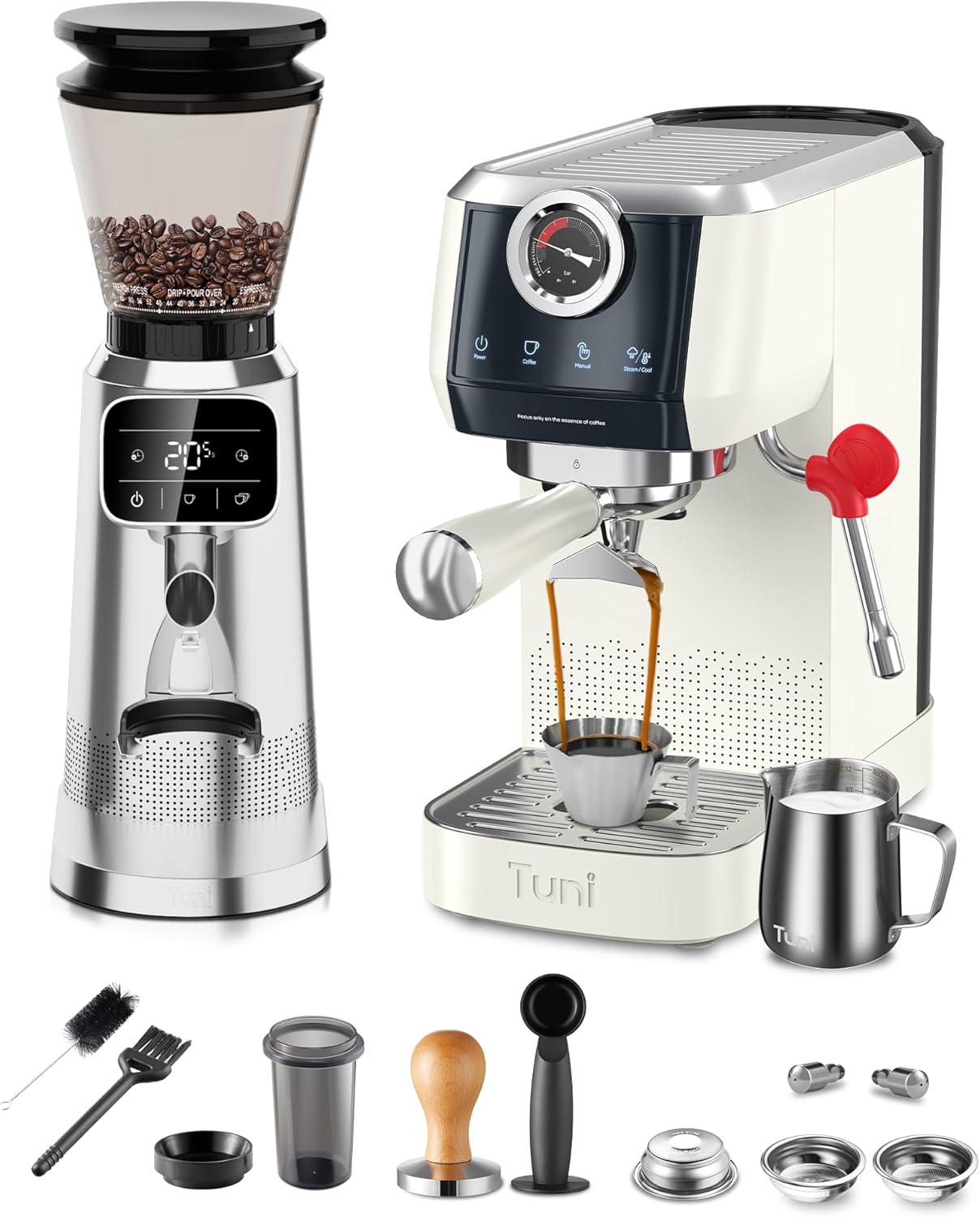 E2 Espresso Machine with G2 40mm Conical Burr Grinder | TUNI E2+G2 Ivory