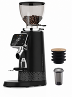 Black coffee grinder with digital display and attachments on a white background