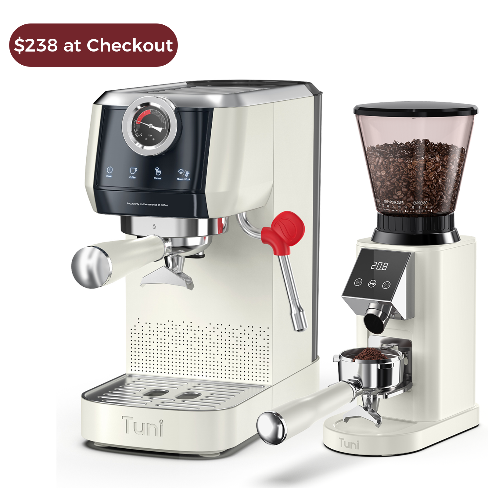 20Bar Espresso Machine with 48 Grinding Burr Grinder, Ivory| TUNI Combo