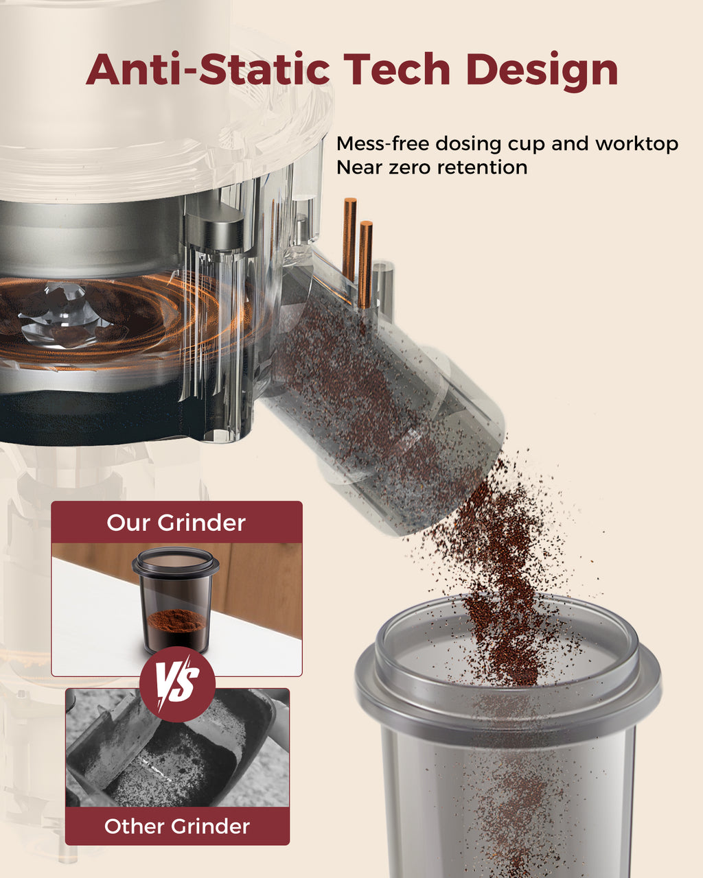TUNI G3 64mm flat burr grinder grinding espresso beans with uniform particle size, anti-static tach design