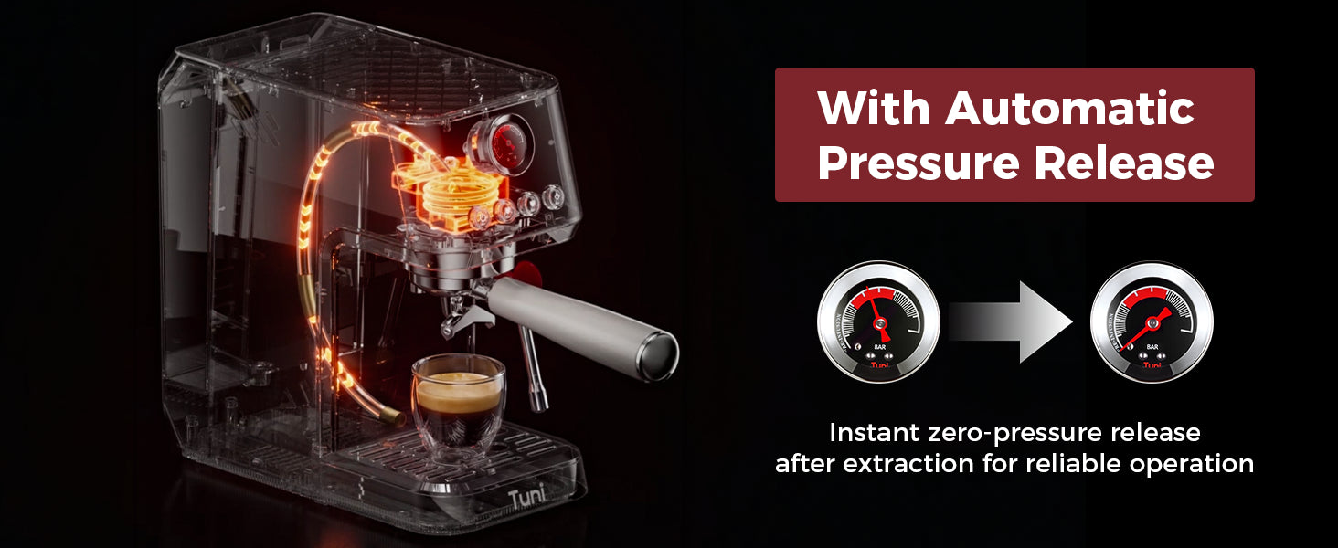 TUNI e2 gen3 espresso machine with automatic pressure release