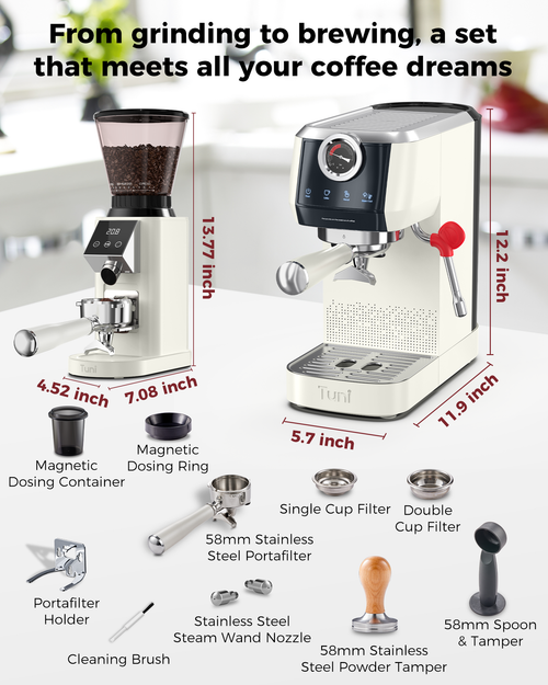 20Bar Espresso Machine with 48 Grinding Burr Grinder, Ivory| TUNI Combo