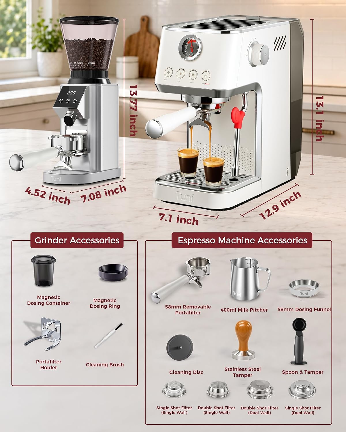 TUNI E2 Gen3 Starter Set(Silver) - Espresso Machine with G1 Conical Burr Grinder