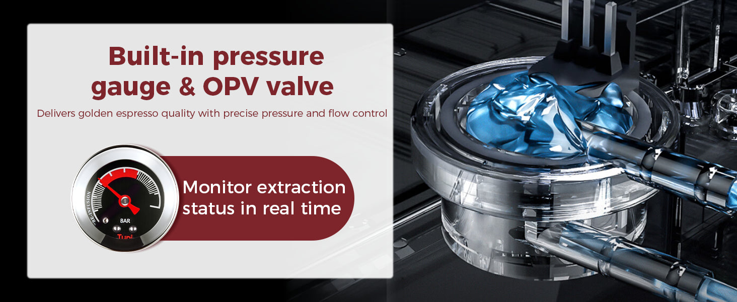 espresso machine with built in pressure gauge and opve valve